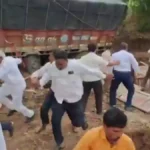During the inspection, a truck got stuck on the road and overturned