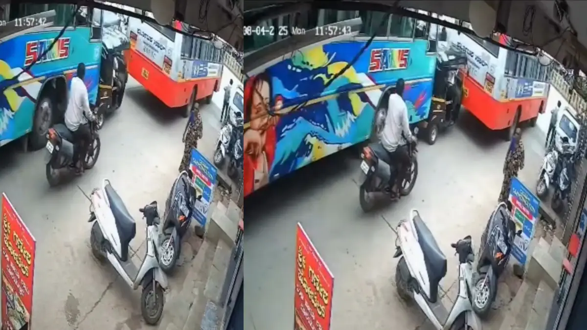 ಎರಡು ಬಸ್ಸುಗಳ ನಡುವೆ ಸಿಲುಕಿದ ಆಟೋ ನುಜ್ಜುಗುಜ್ಜು..!| Video ನೋಡಿ