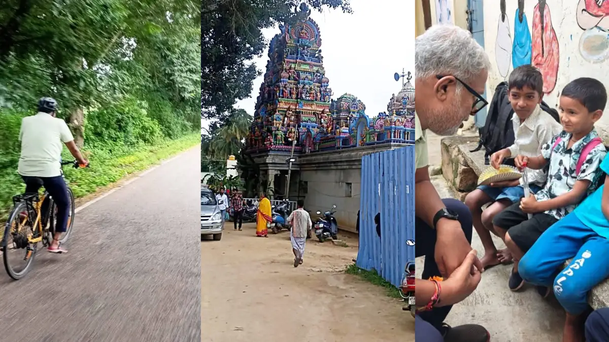 ಸೈಕಲ್ಲಿನಲ್ಲಿ ಮಧುರೆ ದೇವಾಲಯಕ್ಕೆ ಬಂದ ಮಾಜಿ ಶಿಕ್ಷಣ ಸಚಿವ..!  ಸರ್ಕಾರಿ ಶಾಲೆಗೂ ಭೇಟಿ