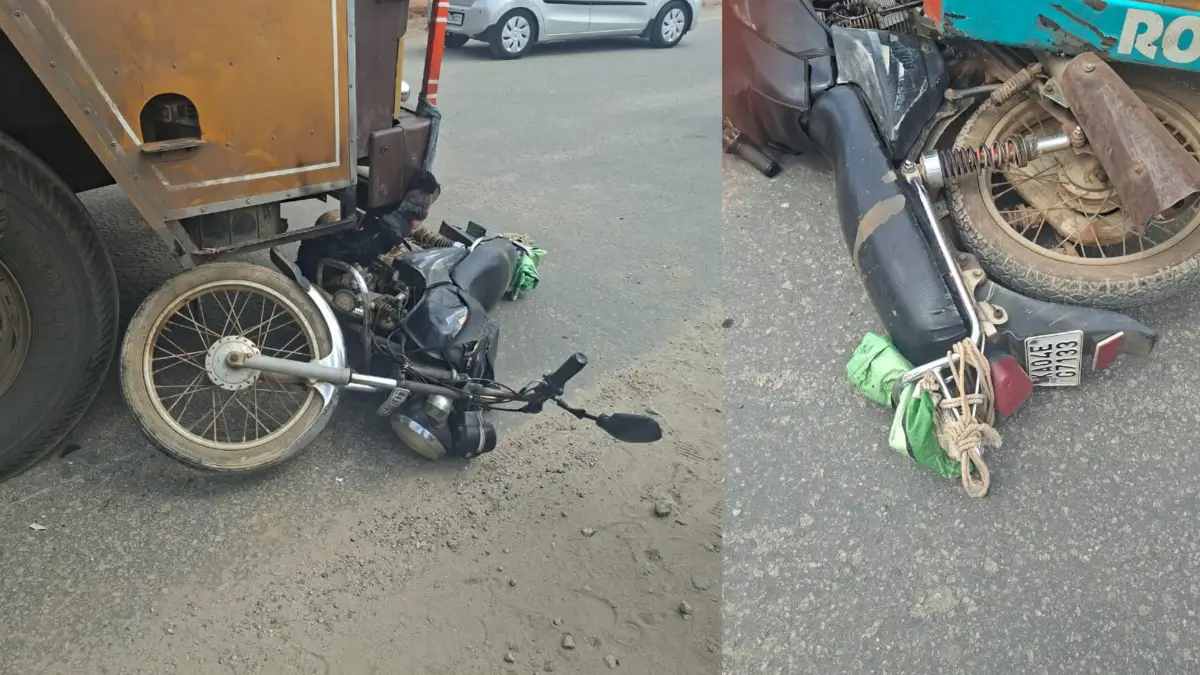 Accident; ಲಾರಿಯಡಿ ಸಿಲುಕಿ ಬೈಕ್ ಸವಾರ ರೈತ ಧಾರುಣ ಸಾವು