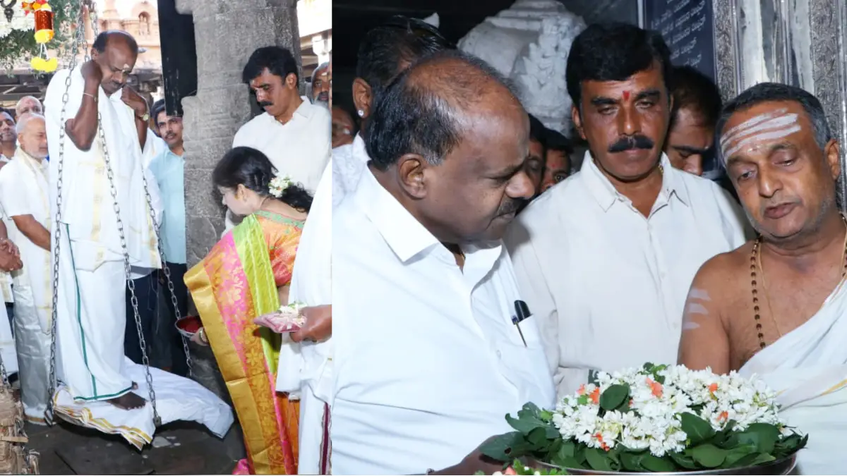 ನಂಜನಗೂಡು ಶ್ರೀಕಂಠೇಶ್ವರ ಸ್ವಾಮಿ ದೇಗುಲಕ್ಕೆ ಹೆಚ್‌.ಡಿ. ಕುಮಾರಸ್ವಾಮಿ ಭೇಟಿ.. ಬೆಲ್ಲದ ತುಲಾಭಾರ