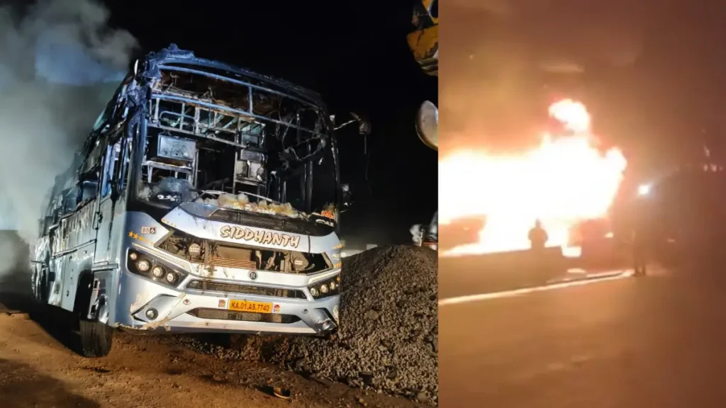 Private bus catches fire on the highway..